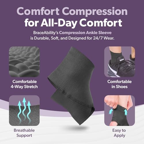 BraceAbility Elastic Ankle Support Brace - Lightweight Slip on Foot and Ankle Compression Sleeve for Gymnastics, Dance, Sports, Running, Exercise, and Sprained Ankle Swelling for Women and Men (Black, Large)