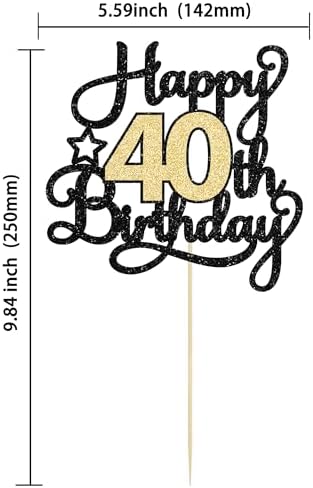 1Pc 40th Happy Birthday Cake Topper Glitter Cheers to 40 Years Birthday Cake Pick Decoration for 40th Wedding Party Decoration Supplies Black Gold