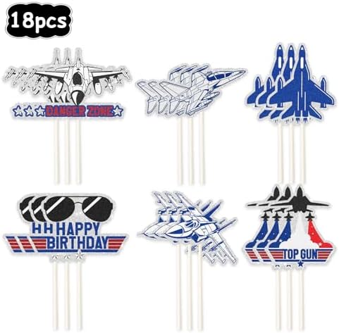 Fighter Pilot Party Cupcake Toppers 18pcs Jet Fighter Pilot Cake Decorations Kids' Military Themed Birthday and Baby Shower Party Decorations
