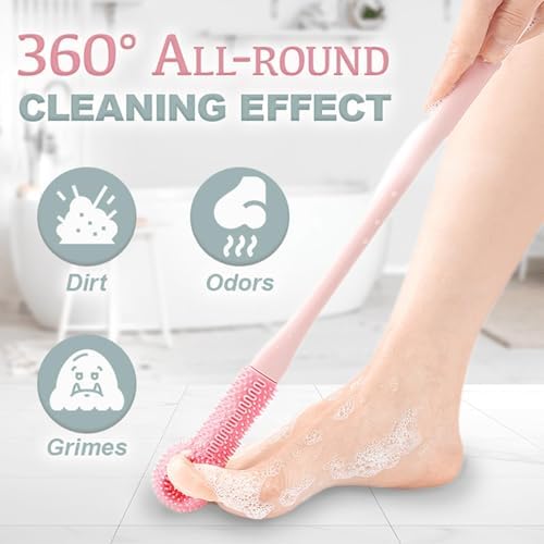 2PCS Easy Reach Deep Cleaning Foot Brush, Foot Scrubber in Shower, Toe Cleaning Brush with 15.7" Long Handle, Long Handle Silicone Gap Brush Between Toes Cleaner for Men, Women & Seniors (Pink,Blue)