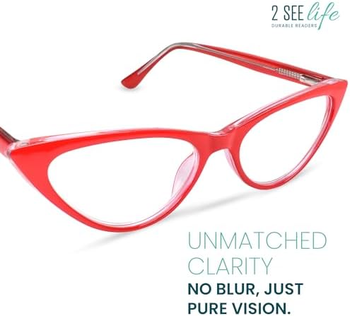 2SeeLife Small Cat Eye Reading Glasses for Women – Narrow-Medium Fit, Sturdy Frame, Spring Hinges, Premium Funky Readers, Red, +2.00