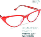 2SeeLife Small Cat Eye Reading Glasses for Women – Narrow-Medium Fit, Sturdy Frame, Spring Hinges, Premium Funky Readers, Red, +2.00