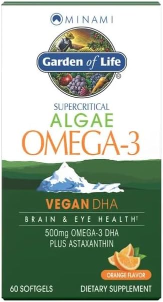 Garden of Life Minami Algae Omega 3 Vegan DHA for Brain and Eye Health - Orange Flavor, 500mg Plant Based DHA Omega-3 Vegan Algae Oil plus Astaxanthin, No aftertaste, 60 easy-to-swallow Mini Softgels