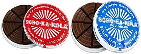 Dark Chocolate and Milk Chocolate SCHO-KA-KOLA with natural Caffeine from Cocoa, Cola-Nut-Powder and Coffee 2 tins x 100 g/Germany