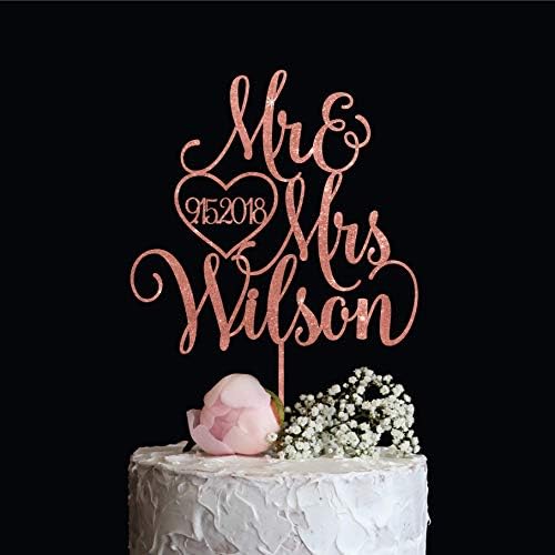 Rose Gold Mr & Mrs Wedding Cake Topper with Last name and Date, Elegant Custom Mr and Mrs Cake Topper, Personalised cake topper also available in Gold, Silver or Champagne Glitter