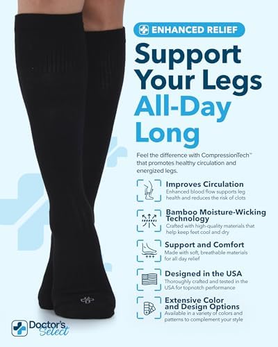 Doctor's Select Bamboo Viscose Light Compression Socks for Women & Men - 3 Pairs, 8-15 mmHg Compression Socks, Knee High