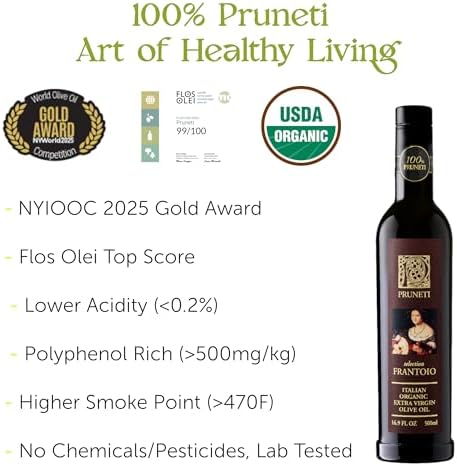 Pruneti Frantoio Organic Extra Virgin Olive Oil – Italian Olive Oil from Tuscany, Italy, 2025 Gold Award Winner – 500+ mg/kg High Polyphenols evoo – Cold pressed for Phenolic Shots & Finishing Use