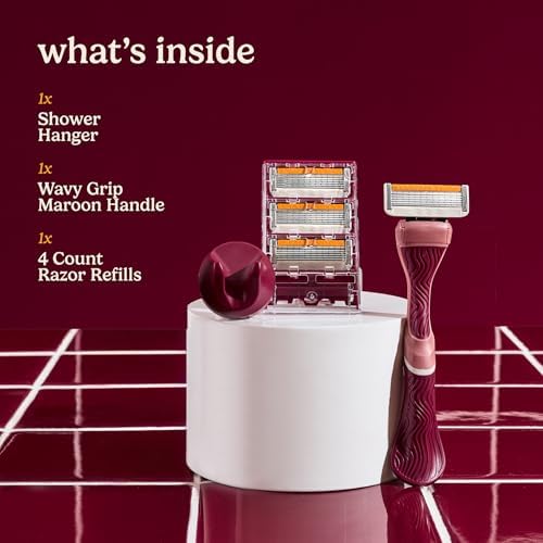 Dollar Shave Club for Women | 1 Maroon Wavy Grip Handle, 4 Razor Refills, 1 Shower Hanger | Razors for Women, Womens Razors for Shaving