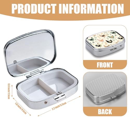 Pill Box-2 Compartment Small Pill Case Square Organizer Case with Mirror Portable Metal Medicine Box Travel Container for Pocket & Purse Women Men（Rustic Chicken）