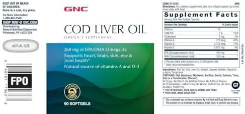 GNC Cod Liver Oil Omega 3 Supplement, 260mg EPA and DHA, Supports Heart, Brain, Skin, Eye and Joint Health, 90 Softgels