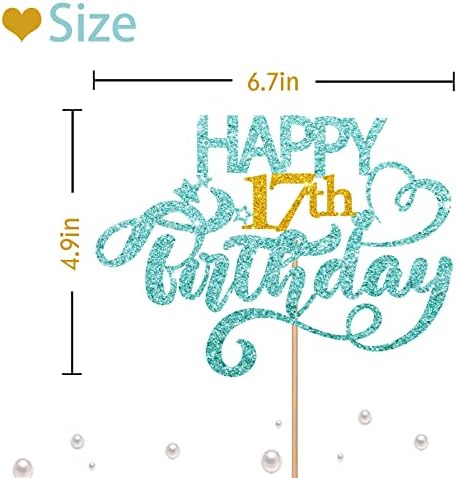 Sky Blue Glitter Happy 17th Birthday Cake Topper, Seventeen Years Old Birthday Party Cake Decor, Gold Number 17 Birthday Party Supplies Decorations for Teen Girl or Teen Boy