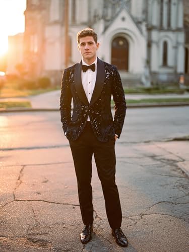 Pyiujtr Men's Sequins Velvet Shawl Lapels Stage Party Prom Wedding Dinner Suit Jacket Blazer