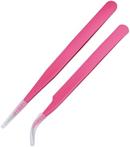 Hotop 2 Pieces Straight and Curved Tip Tweezers Eyelash Extension Tweezers, Stainless Steel False Lash Application Tools (Pink)