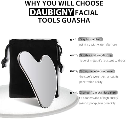 Daubigny Stainless Steel Gua Sha Facial Tools Guasha for Face Metal Gua Sha Tighten Skin Massage Guasha Beauty Tool for Body Eyes Neck Massager with Travel Pouch Skin Care Gifts (Silver)
