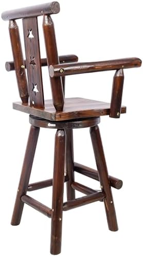 Swivel Bar Stool Wooden Pub Chair with Log-Style Armrests Footrest Decorative Back Tall Rustic Kitchen Dining Counter Seat Star Back Brown