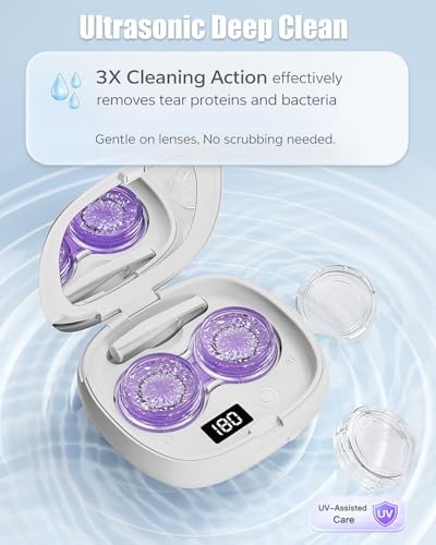Ultrasonic Contact Lens Cleaner Machine – Portable, Rechargeable Cleaning Kit with 4 Contact Lens Solution Cases, Applicator & Removal Tools – for Travel & Home Use (White)