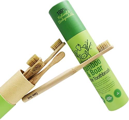 Gaia Guy Natural Bristle Bamboo Toothbrush (NO Nylon - Boar Hair ONLY) - Totally Compostable & Biodegradable Boar Bristle and Bamboo Toothbrushes - Zero Waste - 6-Pack