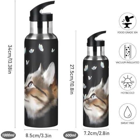ALAZA Cute Kitten Cat with Butterfly Water Bottle with Straw Lid Vacuum Insulated Stainless Steel Thermo Flask Water Bottle 20oz