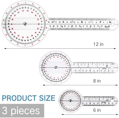 Zonon 3 Pcs Goniometer Transparent Orthopedic Angle Ruler Plastic 360 Degree Clear Goniometer Protractor Physical Therapy for Measurement Tool Angle Ruler Sports Training (6/8/12 Inch)
