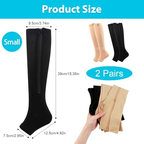 2 Pairs Zipper Compression Socks for Men Women, 15-20mmHg Open Toe Compression Stockings with Zippers