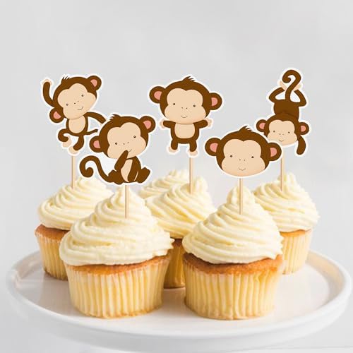 25Pcs Cute Monkey Cupcake Toppers Cartoon Monkey Baby Cupcake Picks for Jungle Animal Baby Shower Boys Girls Monkeys Birthday Cupcake Decorations Monkeys Party Supplies