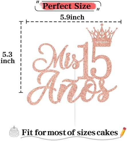 Rose Gold Glitter Mis 15 Anos Cake Topper, Mis 15 Quince/Sweet 15/Happy 15th Birthday, Funny 15th Birthday Party Decorations Supplies