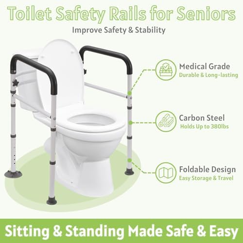 Toilet Safety Rails for Seniors - Adjustable & Foldable Medical Toilet Safety Frame - Heavy Duty Stand Alone Toilet Handles Support for Elderly Disabled & Handicap - Fits Most Toilets (380 lb)