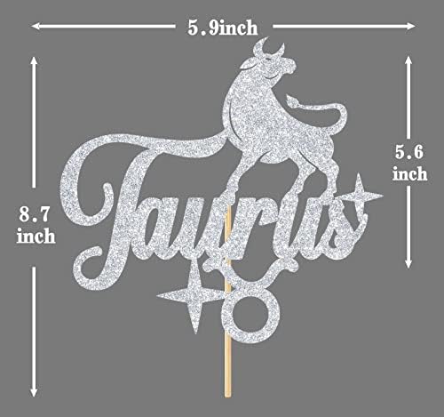 Ferburitar Silver Glitter Happy Birthday Taurus Cake Topper, Big Taurus Energy Cake Decor, 12 Constellation Theme Birthday Party Decoration Supplies for Boy Girl