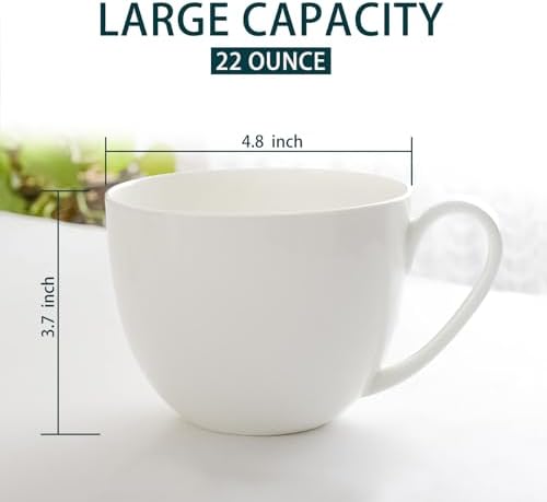 22 OZ White Bone China Soup Mugs with Handles, Large Ceramic Coffee Mugs Set of 2 for Hot Chocolate Cocoa Cereal Salads Yogurt Beverage Milk Latte Cappuccino, Dishwasher Microware Safe
