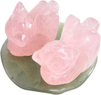 Rose Quartz Crystal Mandarin Ducks Artwork on Green Aventurine Lotus Leaf Figurine Valentines Day Gifts