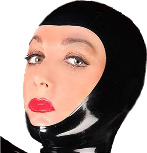 Black Latex Hood Back Zipper Open Face for Catsuit Rubber Mask Club Party Wear
