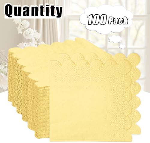 100 Pieces 2-Ply Yellow Scalloped Napkins Folded 5 x 5 inch Disposable Cocktail Napkins Paper Napkins for Dinner Wedding Birthday Party Yellow Beverage Napkins