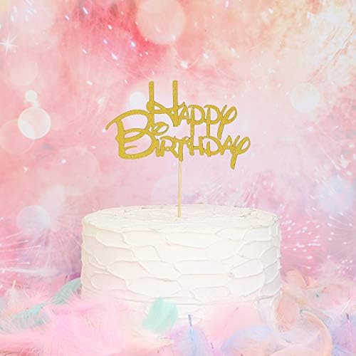 Gold Happy Birthday Cake Topper - Golden Glitter Birthday Party Cake Decoration Supplies, Cake Smash Decoration Photo Booth Props, Gold Paper Cake Topper Flags Sign
