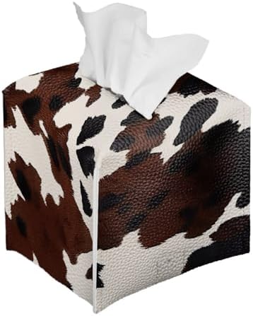 Cowhide Print Tissue Box Cover Modern Square Tissue Box Organizer Decorative PU Leather Facial Paper Holder for Bathroom Vanity Countertop Bedroom Dresser Office Desk