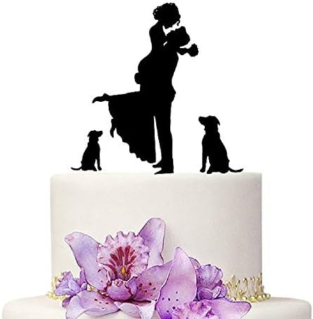 Wedding Cake Toppers Bride and Groom With Dog Animal Black Color Acrylic Silhouette Wedding Party Engagement Decoration Love