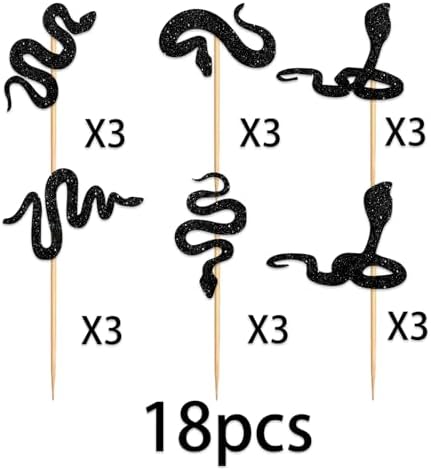 18pcs Black Glitter Silhouette Snake Cupcake Topper for Snake Reptile Pet Theme Party Favors Decorations Men Women Kids Happy Birthday Baby Shower Party Decor Supplies