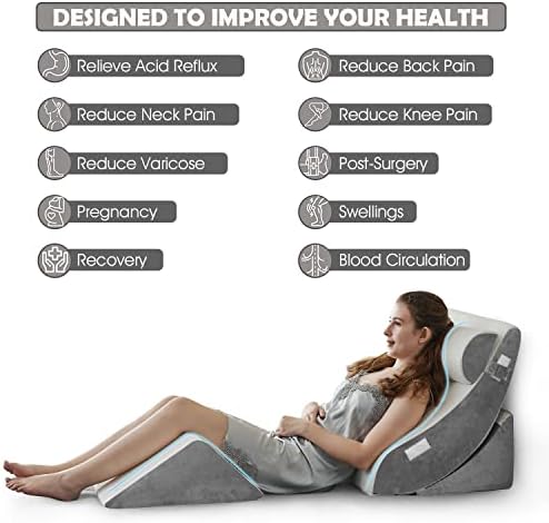 Ganaver 4pcs Orthopedic Bed Wedge Pillow Set Post Surgery Relaxing Back Adjustable Head Support Cushion Triangle Memory Foam Pillow for Acid Reflux Sleeping Reading Leg Elevation Snoring