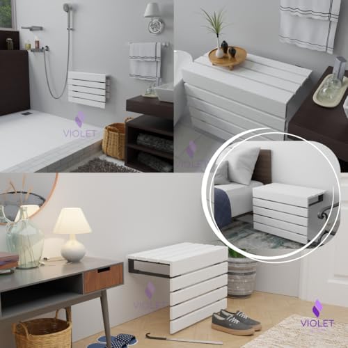 20" Folding Wall Mounted Handmade Teak Wood Large Shower Seat with Legs, ADA Compliant Durable Bath Bench, Sturdy Space-Saving Bathroom Stool, Water-Resistant Compact Chair (White, Extra Large)