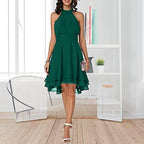 Women's Dress Elegant Halter Sleeveless Cropped Layered Midi Dress Summer Chiffon Solid Color High Waist Slim-Fit Party Dresses (Green,XL)