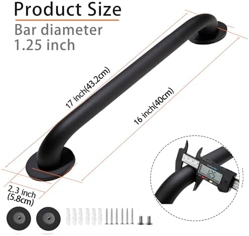 Shower Grab Bar, 2 Pack 16 Inch Black Bathroom Grab Bar, 1.25" Diameter 304 Stainless Steel Anti-Slip Grab Bars for Bathtubs and Showers, Handicap Shower Grab Bar for Seniors Elderly