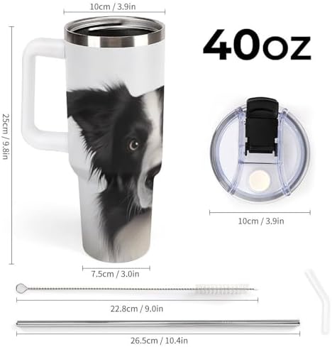 40 Oz Coffee Border Collie Tumbler with Lids And Straws Leakproof Thermal Cup Double Vacuum Insulated Stainless Steel Sport Water Bottle Cup Travel Mug for Hot Cold Drinks- White Handle