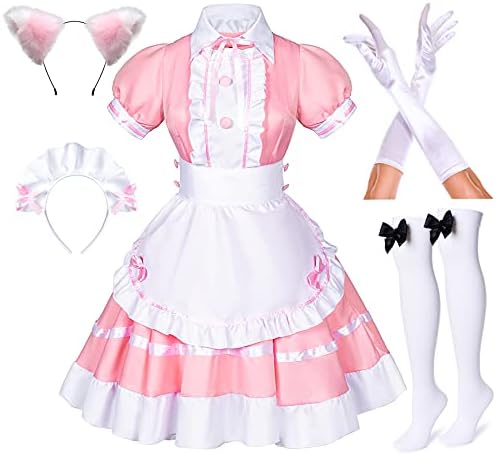 Japanese Anime Sissy Maid Dress Cosplay Sweet Classic Lolita Fancy Apron with Socks Gloves Set