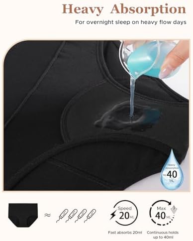 INNERSY Period Underwear for Women Heavy Flow High Waisted Menstrual Incontinence Panties 3-Pack(Black,Large)