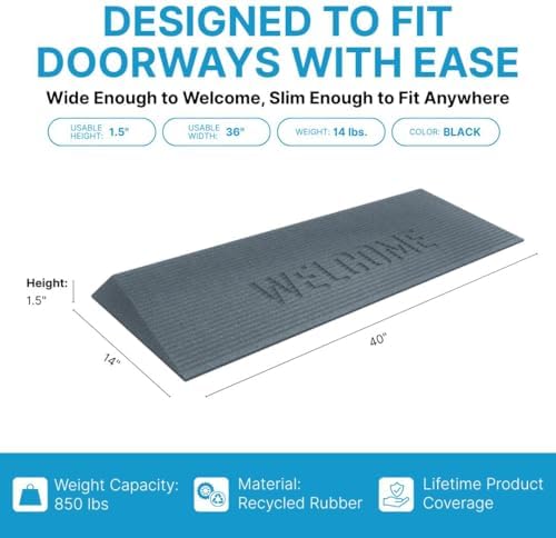 EZ-ACCESS - Transitions Angled Welcome Entry Mat, Non Slip Rubber Threshold Ramp for Doorways, Indoor & Outdoor Door Ramp for Wheelchair Access, Safer Home Floor Mats - Made in USA (Gray, 1.50-in)