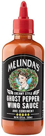 Melinda’s Ghost Pepper Wing Sauce - 12 Oz, 1 Pack - Gourmet Spicy Hot Sauce - Made with Fresh Ingredients, Ghost Peppers (Bhut Jolokia), Habanero Pepper, Carrot, Garlic, Lime - Vegan, Gluten Free