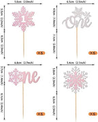 Rsstarxi 24 Pack One Cupcake Toppers - 1st Birthday Snowflake Cupcake Picks - First Birthday Cake Decorations - Silver Pink