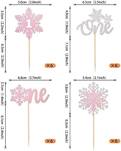 Rsstarxi 24 Pack One Cupcake Toppers - 1st Birthday Snowflake Cupcake Picks - First Birthday Cake Decorations - Silver Pink