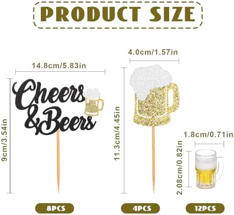 24 Pcs Cheers and Beers Cupcake Toppers and Beer Cup Ornaments Set Glitter Beer Mug Cupcake Decorations for Baby Shower Birthday Party Supplies