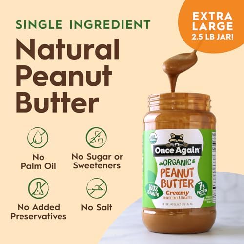 Once Again Organic Creamy Peanut Butter No Sugar Added - Large 2.5 Pound Jar - Single Ingredient, Unsalted, Natural Peanut Butter No Palm Oil - Smooth and Unsweetened - 1 Jar (40 oz)
