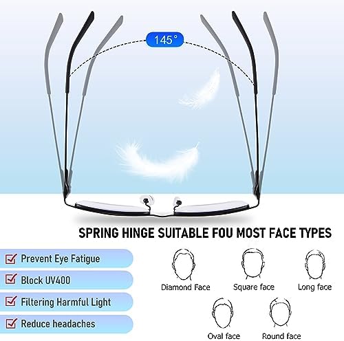3-Pack Reading Glasses for Men, Lightweight Metal Half Frame Blue Light Blocking Computer Readers, Stylish Filter UV Ray/Computer Glare with Spring Hinge Eyeglasses(2PCS Gray+1PCS Black,+2.0)